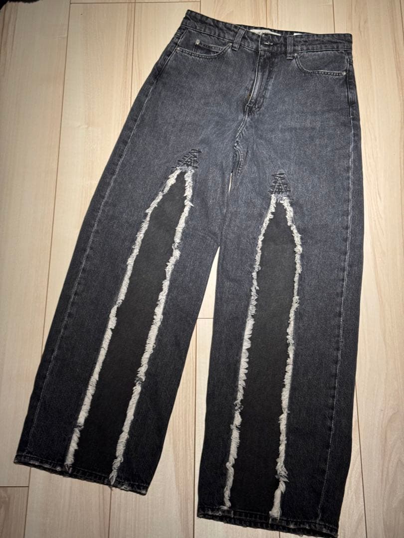 OUR REGACY　ダメージ加工 ダークグレー ワイドレッグデニム