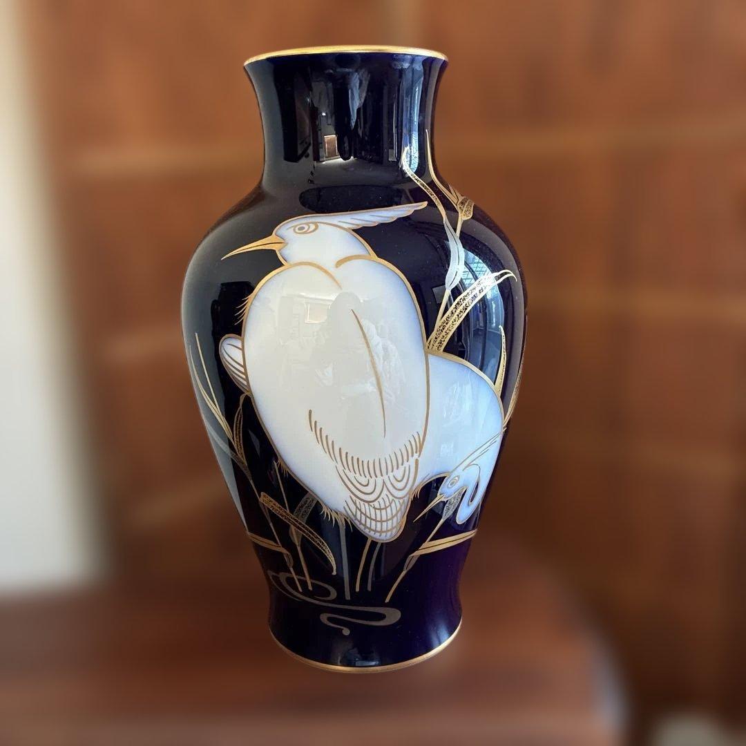 大倉陶園　瑠璃色の花瓶　鷺