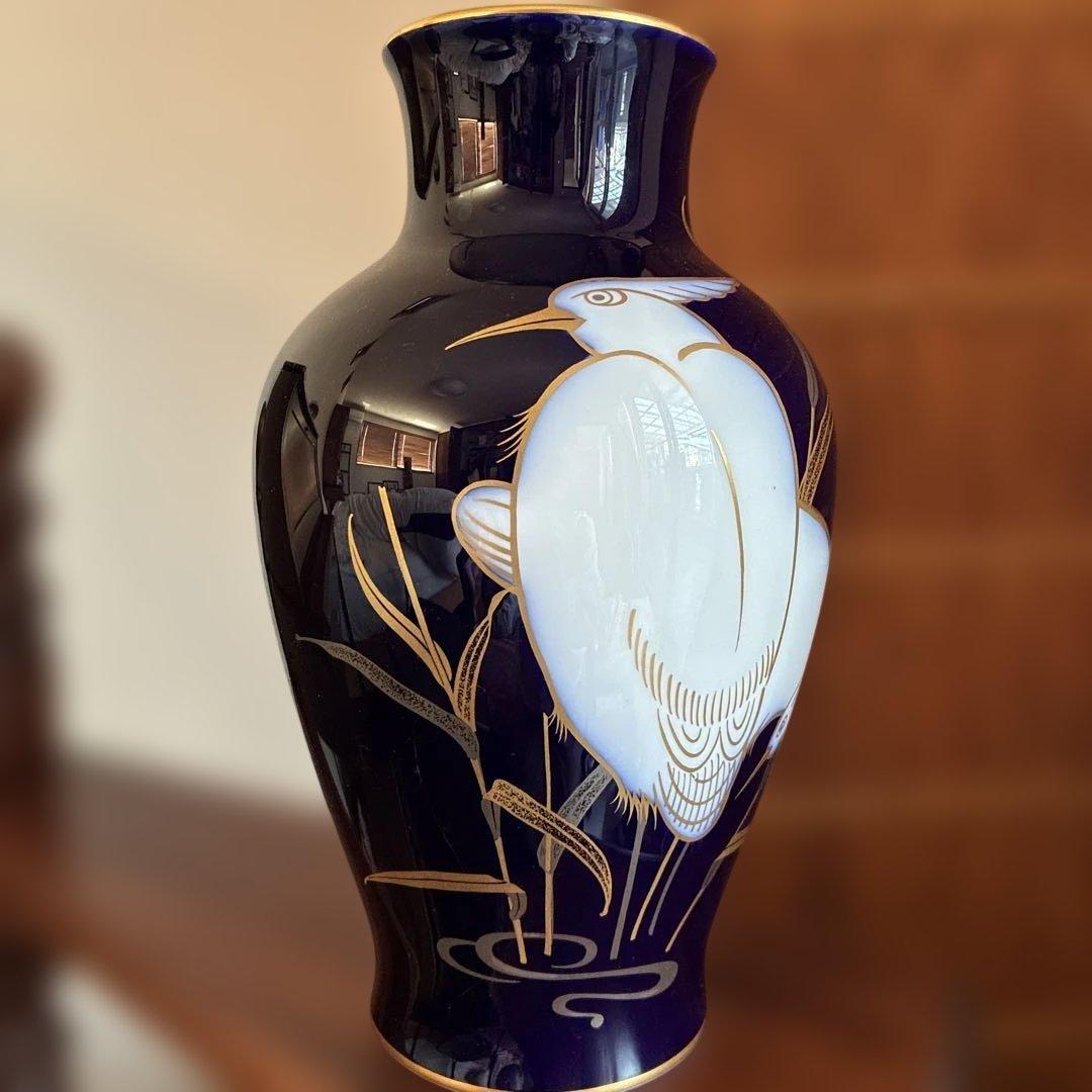 大倉陶園　瑠璃色の花瓶　鷺