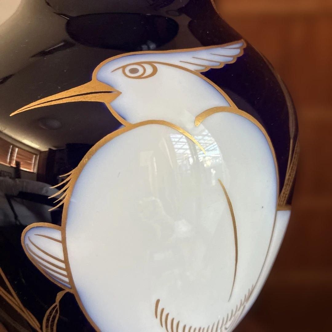 大倉陶園　瑠璃色の花瓶　鷺