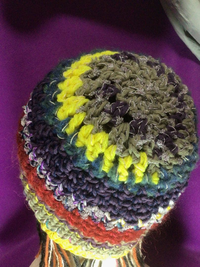 手作りニット帽　ビーニー　大きめサイズ　手作り　ストライプ　多色　リボンラメ糸