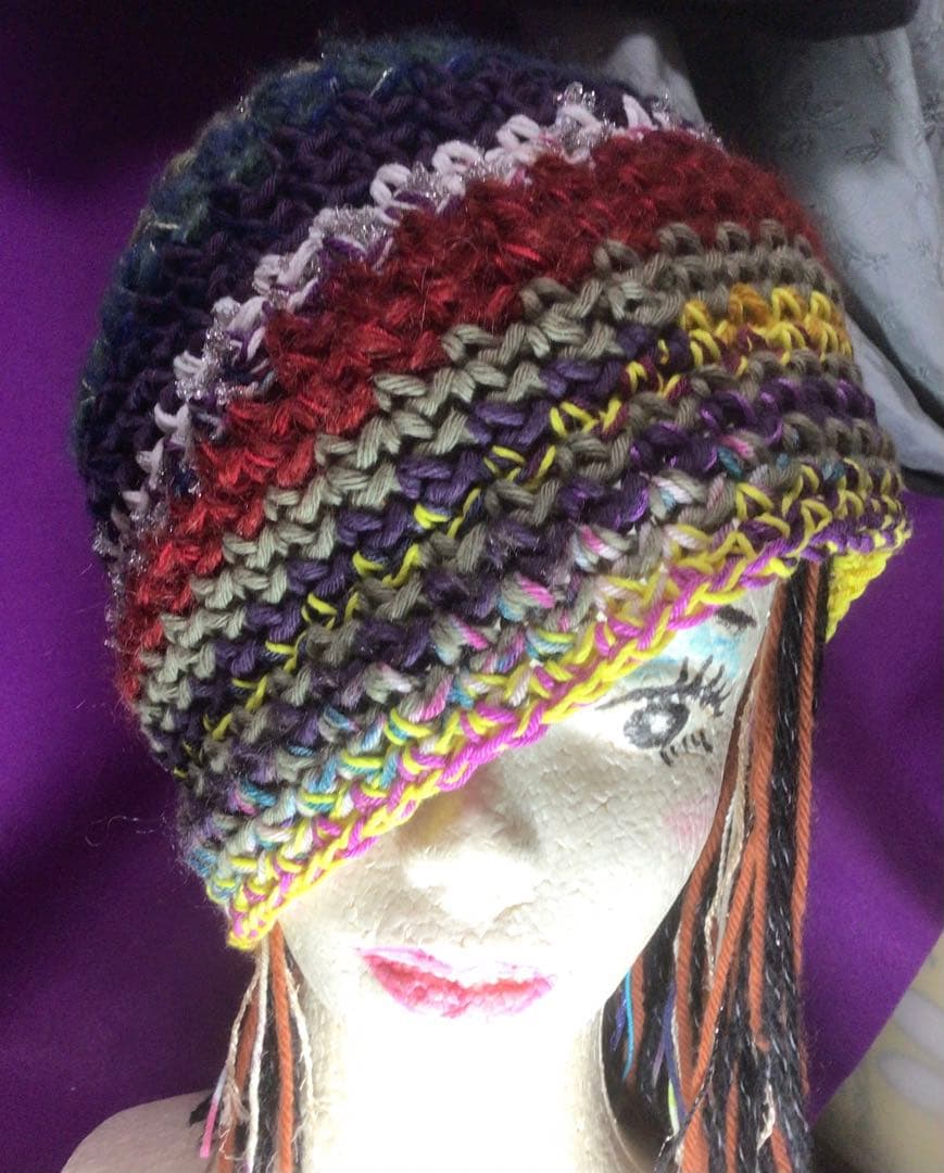 手作りニット帽　ビーニー　大きめサイズ　手作り　ストライプ　多色　リボンラメ糸