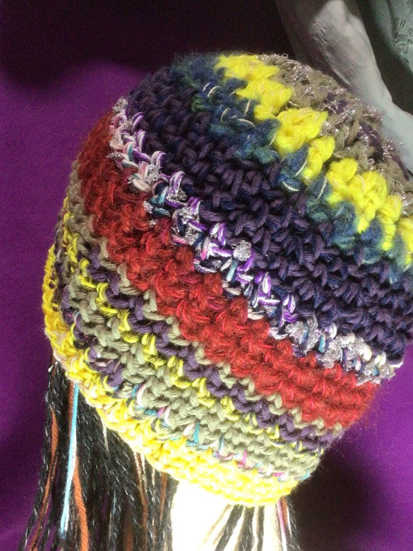 手作りニット帽　ビーニー　大きめサイズ　手作り　ストライプ　多色　リボンラメ糸