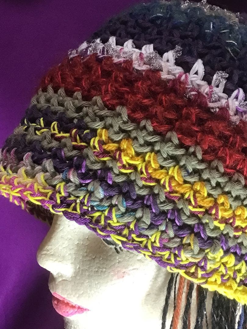 手作りニット帽　ビーニー　大きめサイズ　手作り　ストライプ　多色　リボンラメ糸