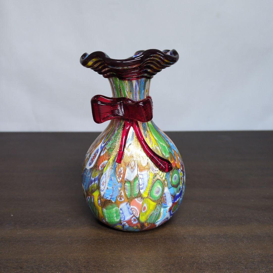 ムラーノ 金彩カラフル ミルフィオリ リボン付き 花瓶 高さ約12cm