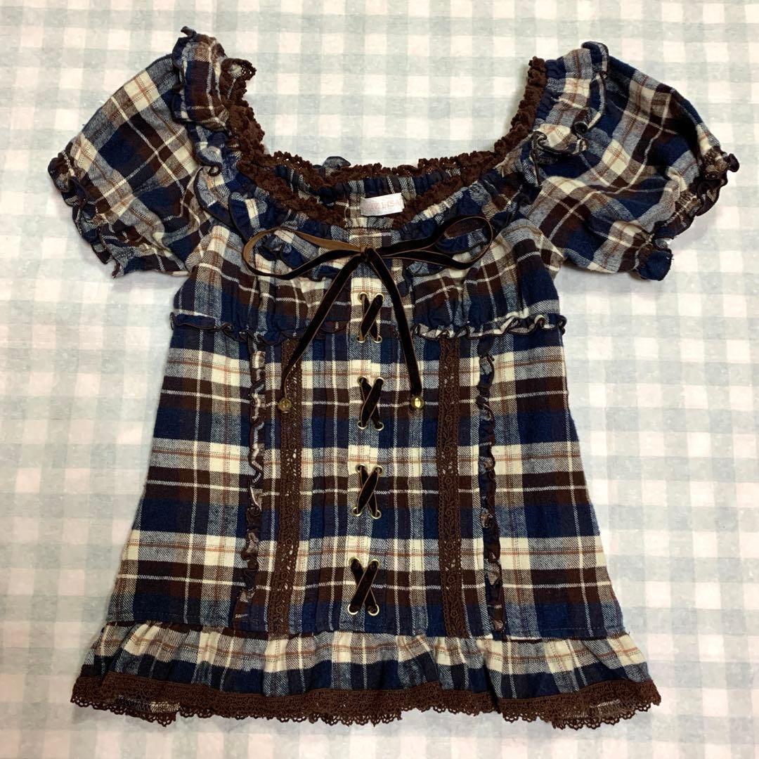 LIZLISA 希少 チェック柄 パフスリーブ 編み上げリボン フリル トップス