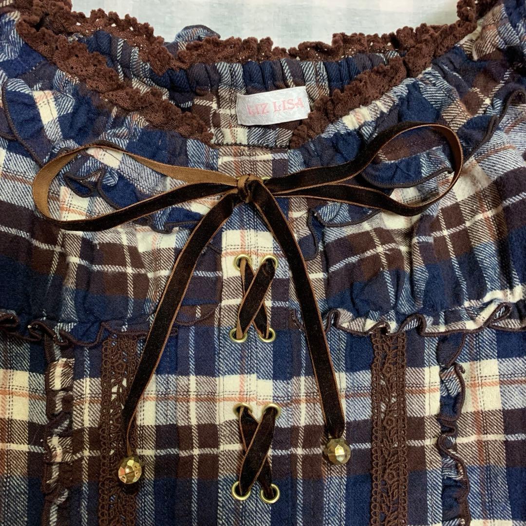 LIZLISA 希少 チェック柄 パフスリーブ 編み上げリボン フリル トップス