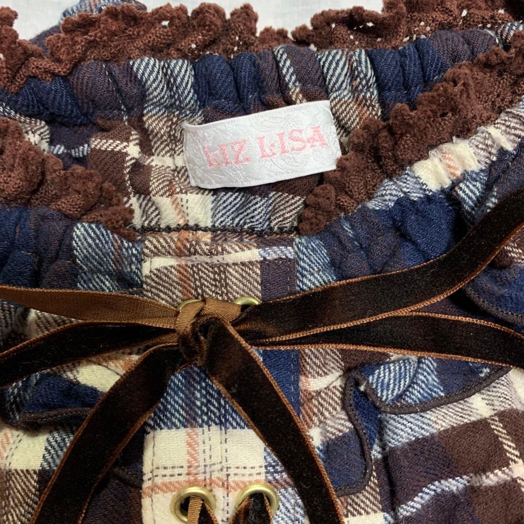 LIZLISA 希少 チェック柄 パフスリーブ 編み上げリボン フリル トップス