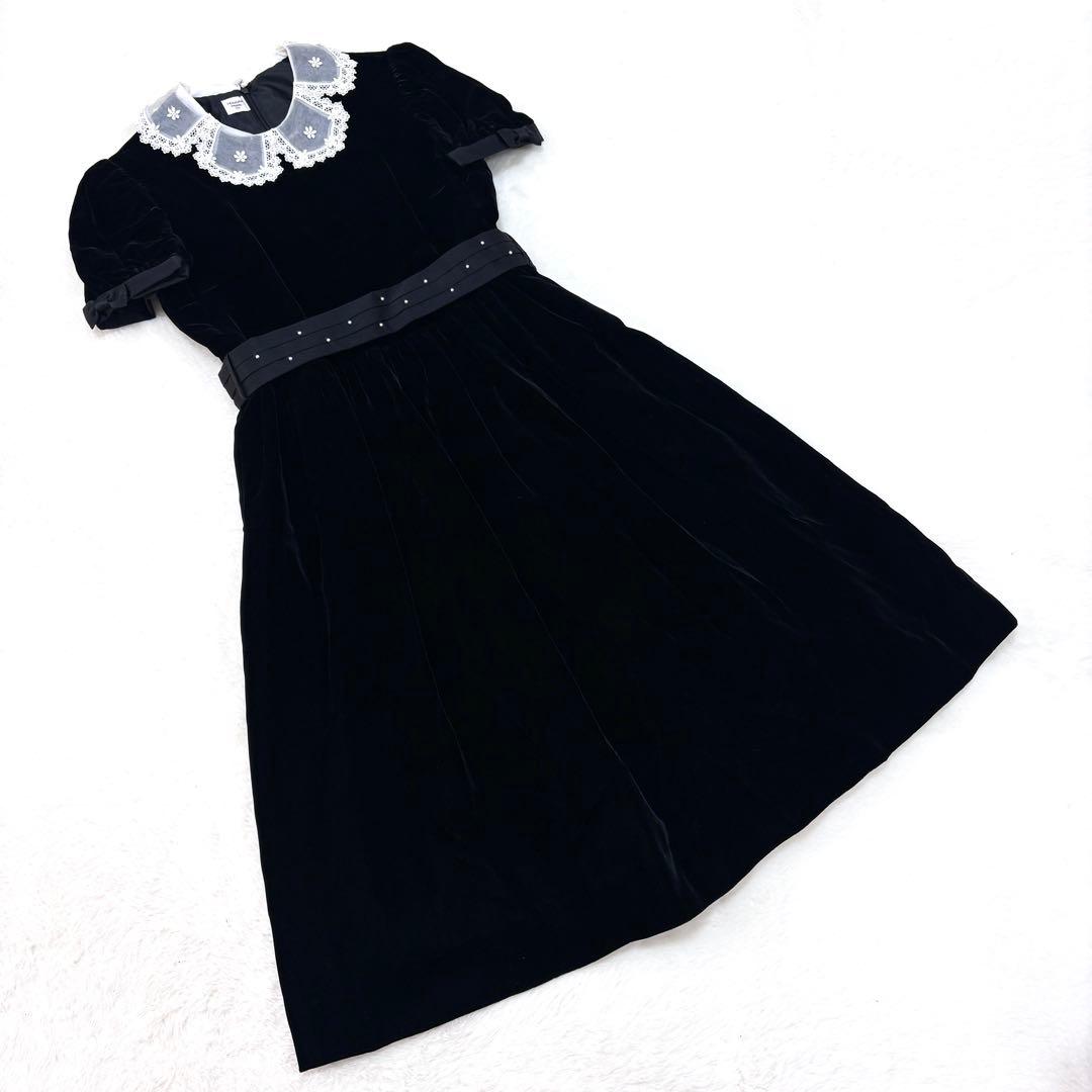 【ファミリア】ワンピース ドレス フォーマル ベロア パール レース パニエ 黒
