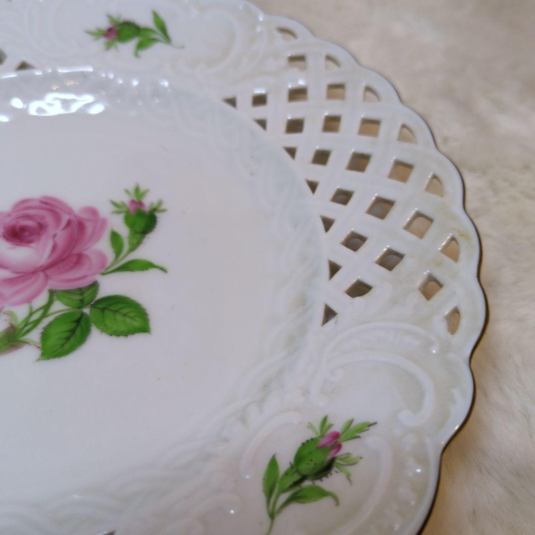 Meissenマイセンピンクローズ透かし金彩プレートオープンワークピアスプレート