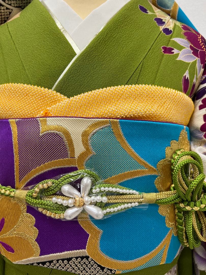 振り袖　フルセット　別誂長襦袢　成人式　白　緑　金彩加工　刺繍入り　722