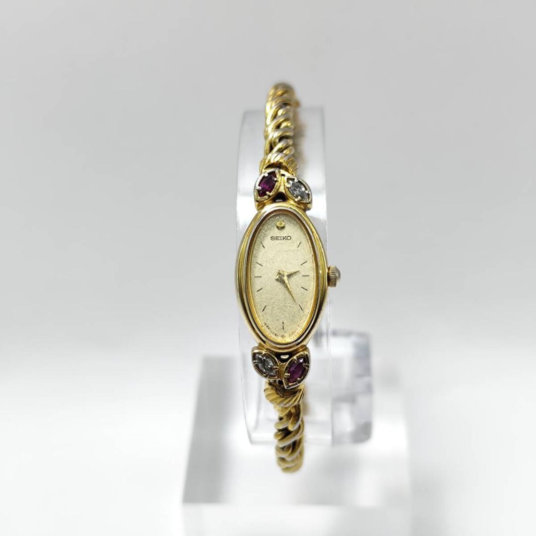 稼働 セイコー エクセリーヌ 2Pダイヤ シェル文字盤 ゴールド シルバー 時計