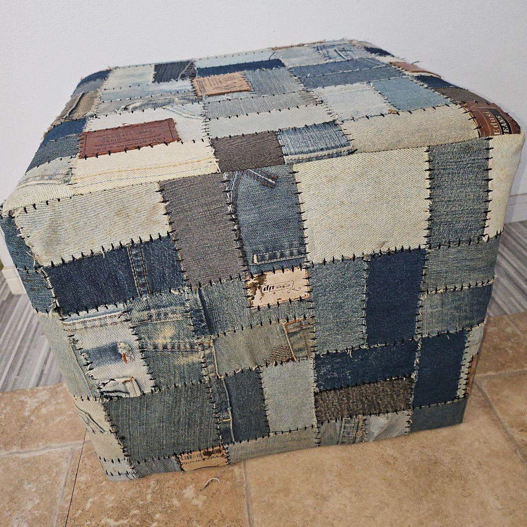希少 ヴィンテージ デニムパッチワーク スツール 椅子 オットマン 1点物