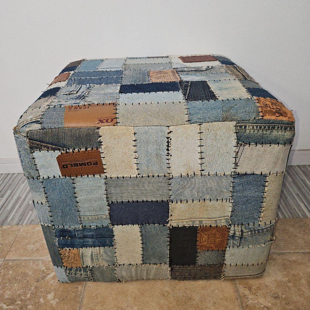 希少 ヴィンテージ デニムパッチワーク スツール 椅子 オットマン 1点物