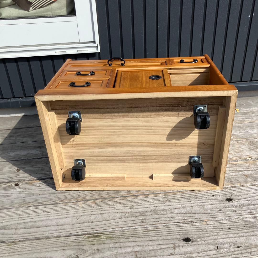 昭和レトロ 多数収納木製サイドテーブル お座敷ワゴン ポットワゴン キャスター付