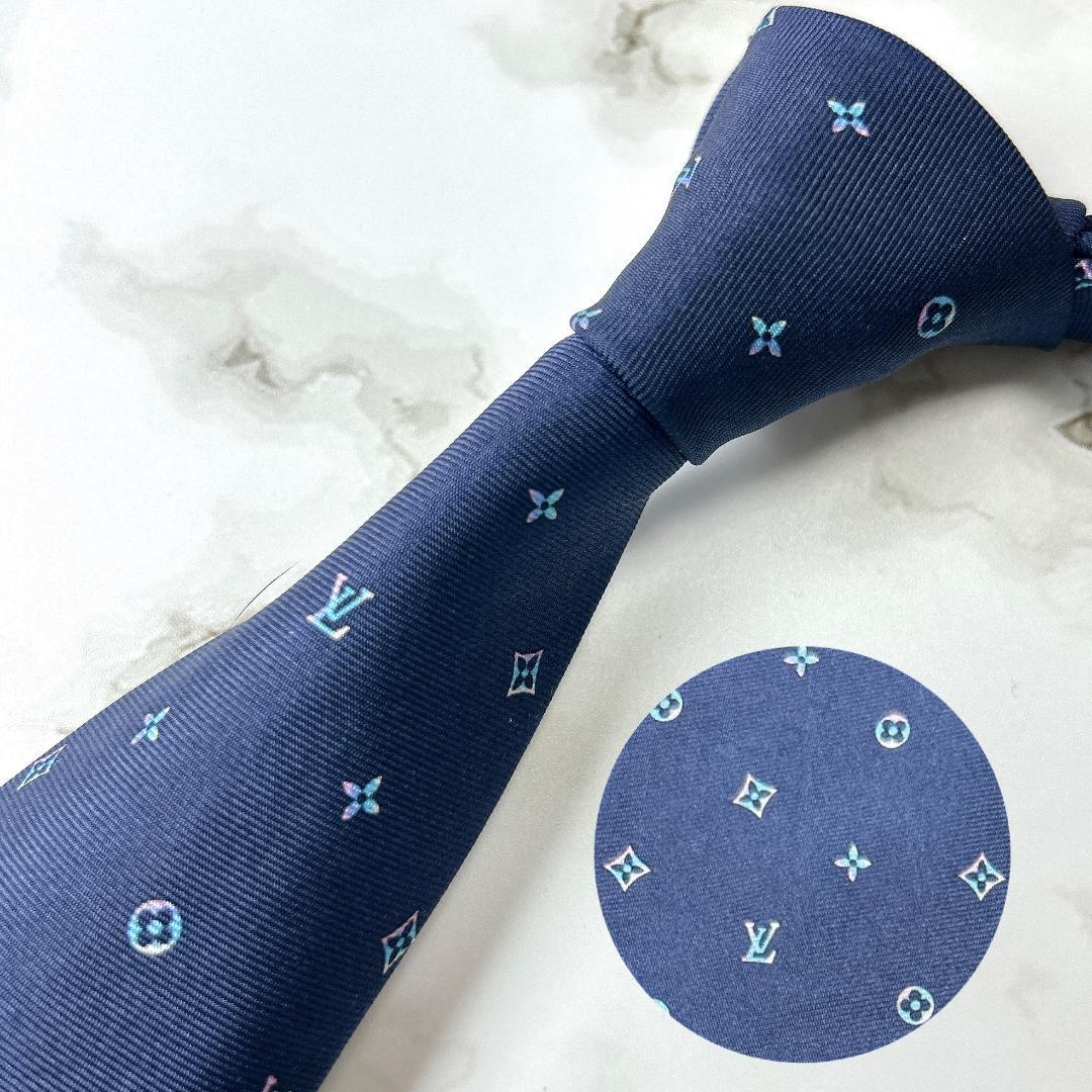 美品　ルイヴィトン　ネクタイ　マルチモノグラム　ビジネス　現行　肉厚　ネイビー