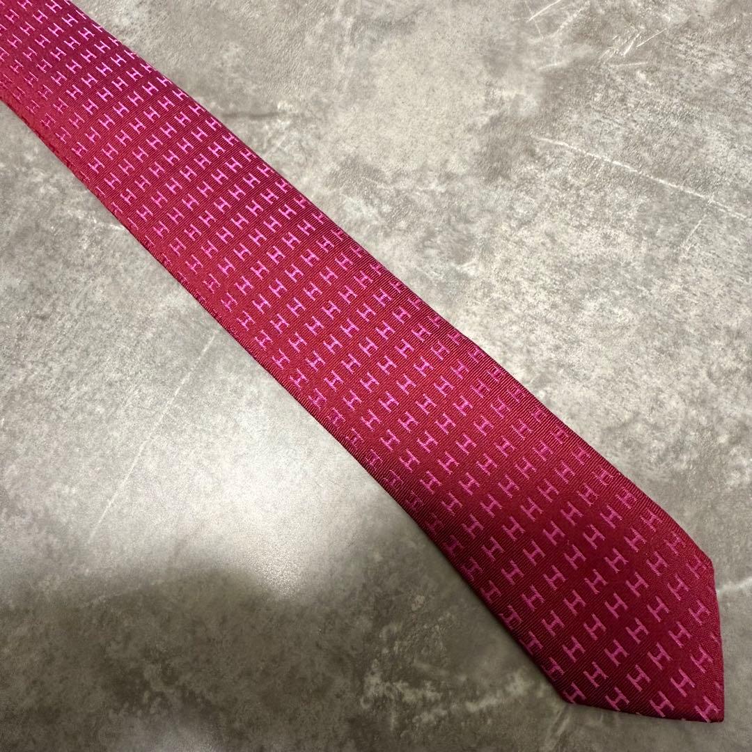 HERMES エルメス ネクタイ ワインレッド ファソネ H柄 定番 王道 光沢