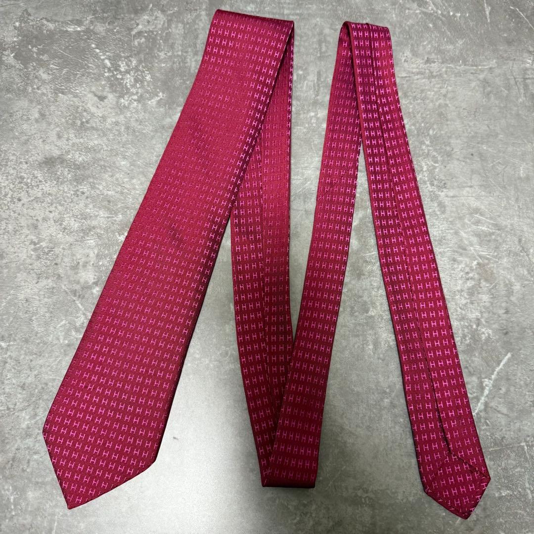 HERMES エルメス ネクタイ ワインレッド ファソネ H柄 定番 王道 光沢