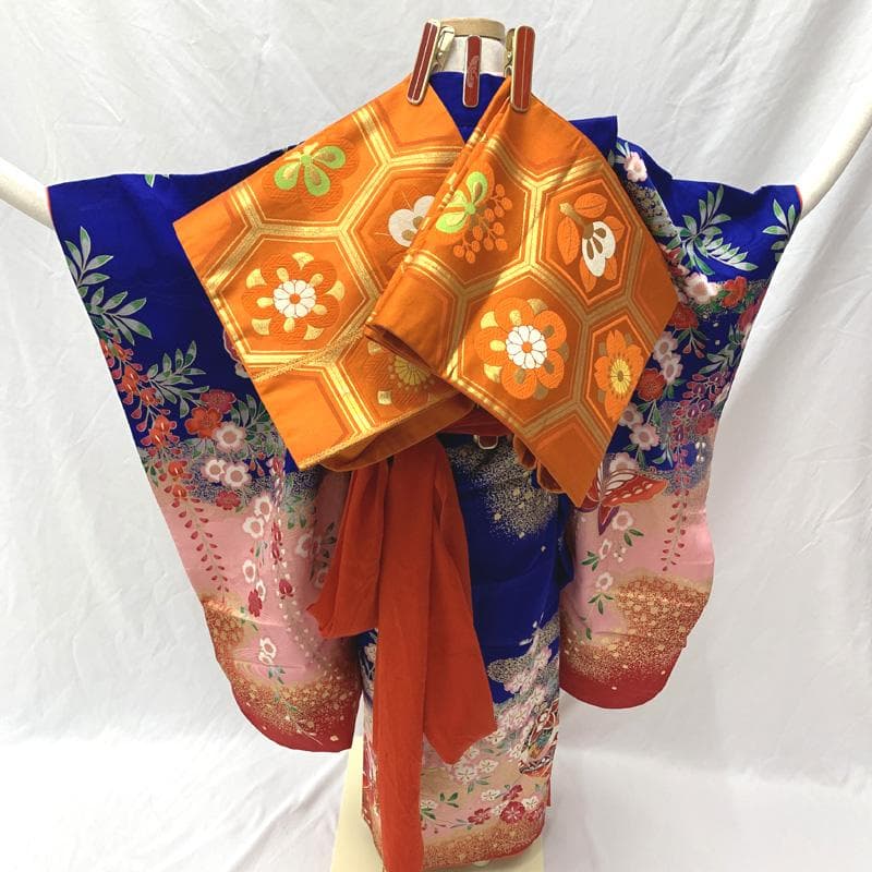 406ag6着物&長襦袢□七五三 七歳 女児 金彩 蝶 毬文□状態良好