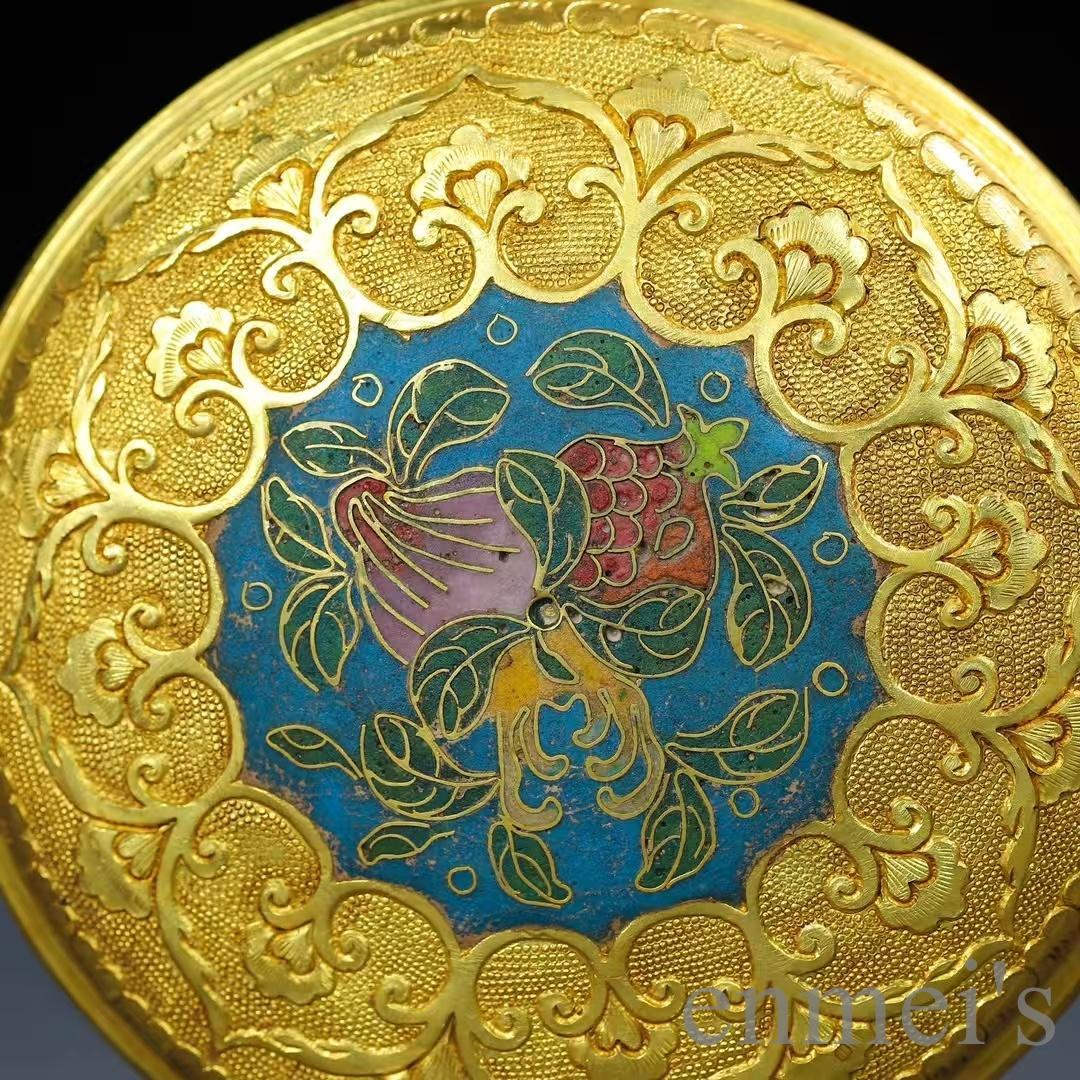 中国古美術 鍍金 純銅製 首飾箱 鏨刻工芸 掐絲七宝 小物入 観賞用 細密細工