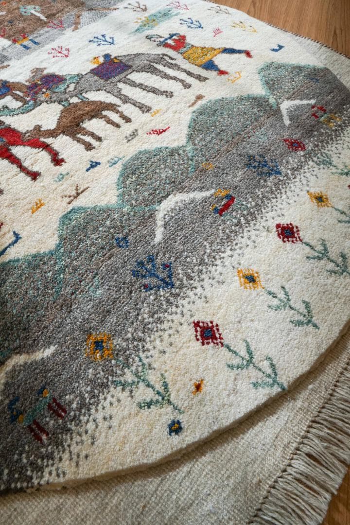 ペルシャ手織りギャッベ リーズバフト 丸103×102cm