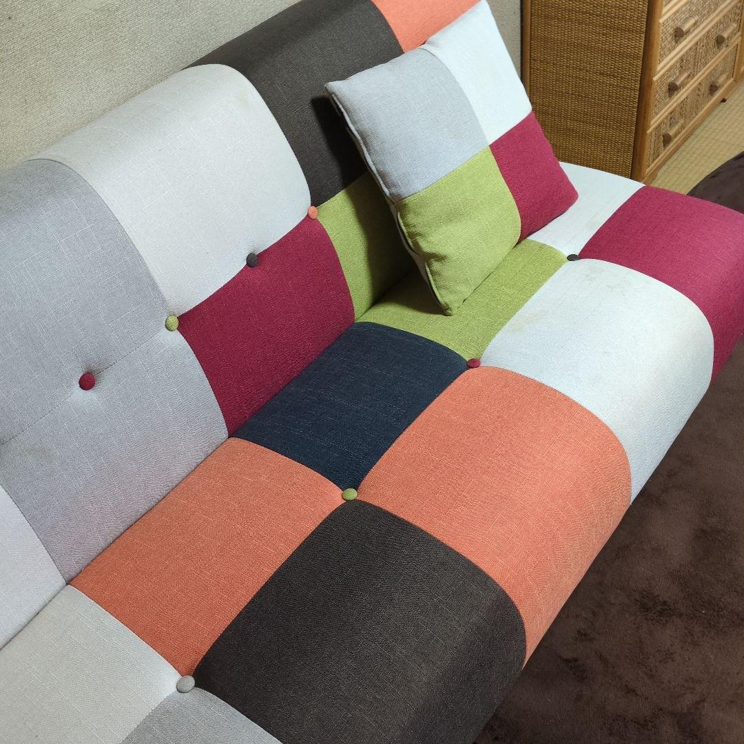 最終値下げ美品パッチワークソファベッド　リクライニング三人掛け　クッション付き☆