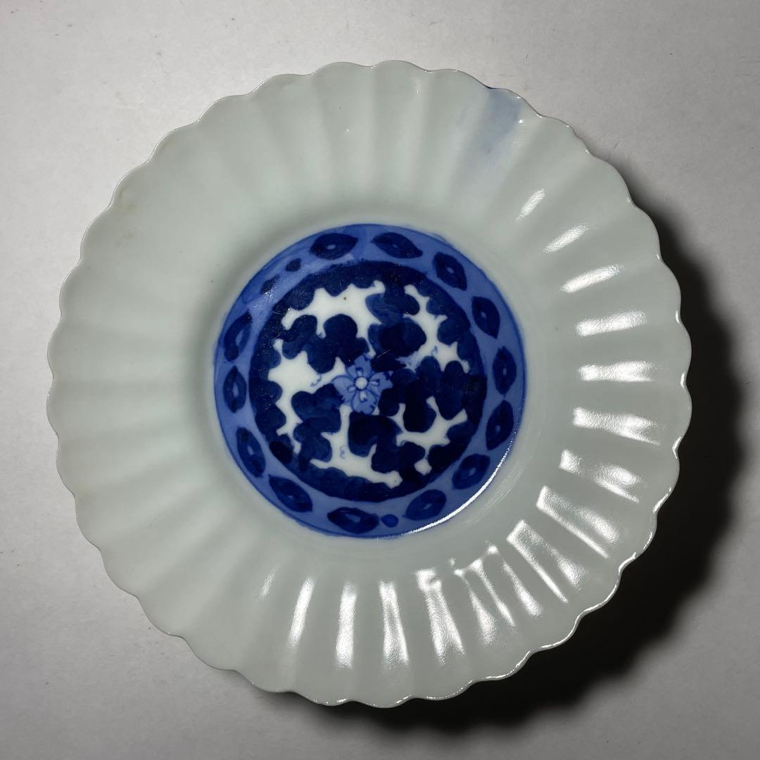 ◆染付菊形輪花皿5枚 花文 中皿 旧家蔵出し品 美品 江戸幕末期〜明治初期◆