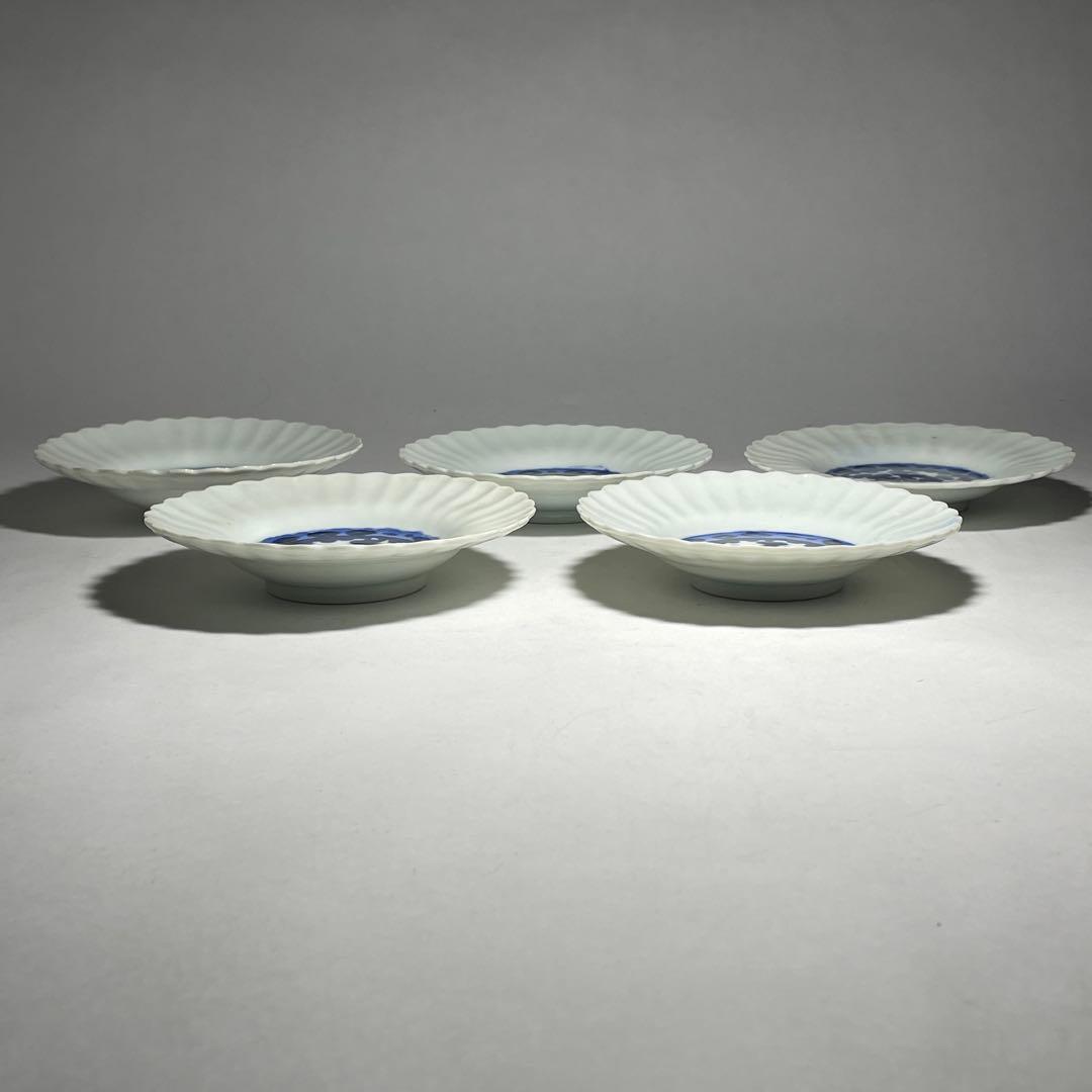 ◆染付菊形輪花皿5枚 花文 中皿 旧家蔵出し品 美品 江戸幕末期〜明治初期◆