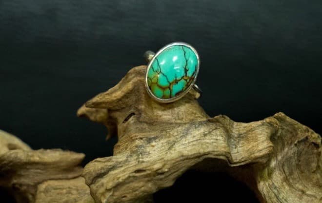 【週末限定セール】ターコイズ フリーサイズ リングスパイダーウェブシルバー19号