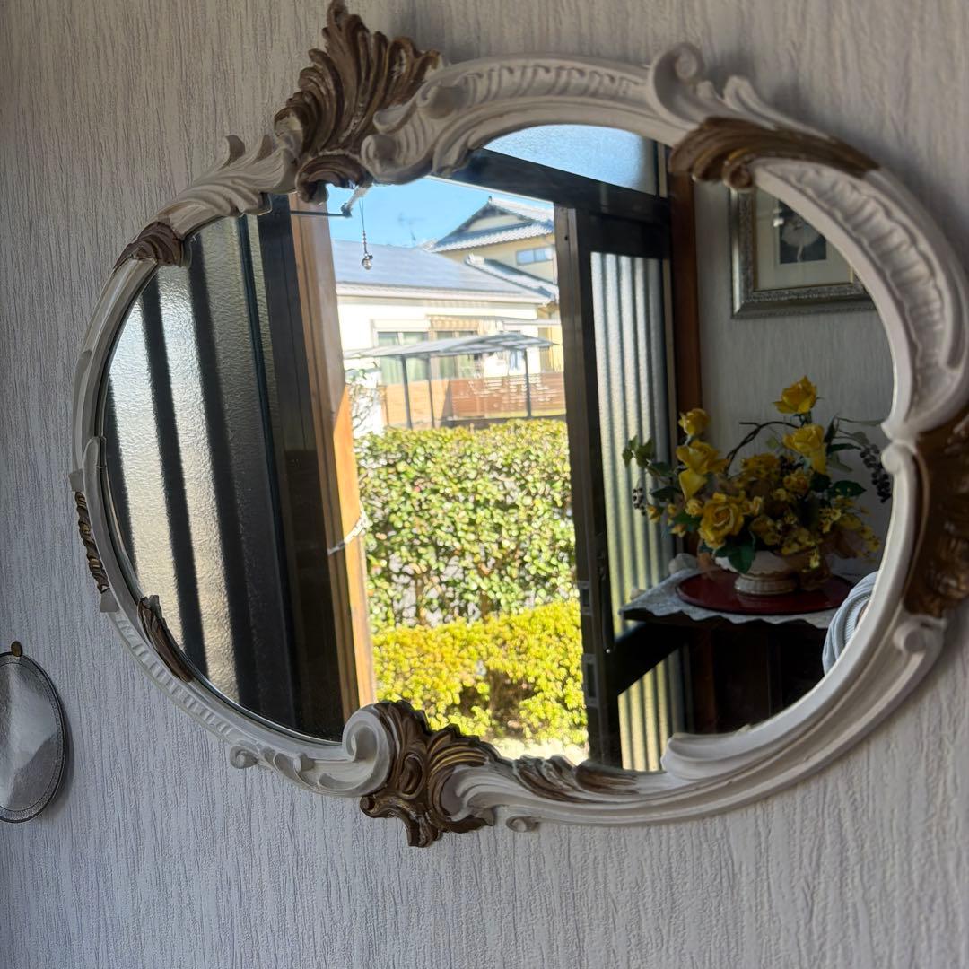 ロココ調ミラー　オーバル型 壁掛け鏡 ホワイトゴールド