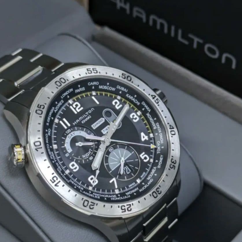 美品　ハミルトン H767140 カーキ アビエーション ワールドタイマークロノ