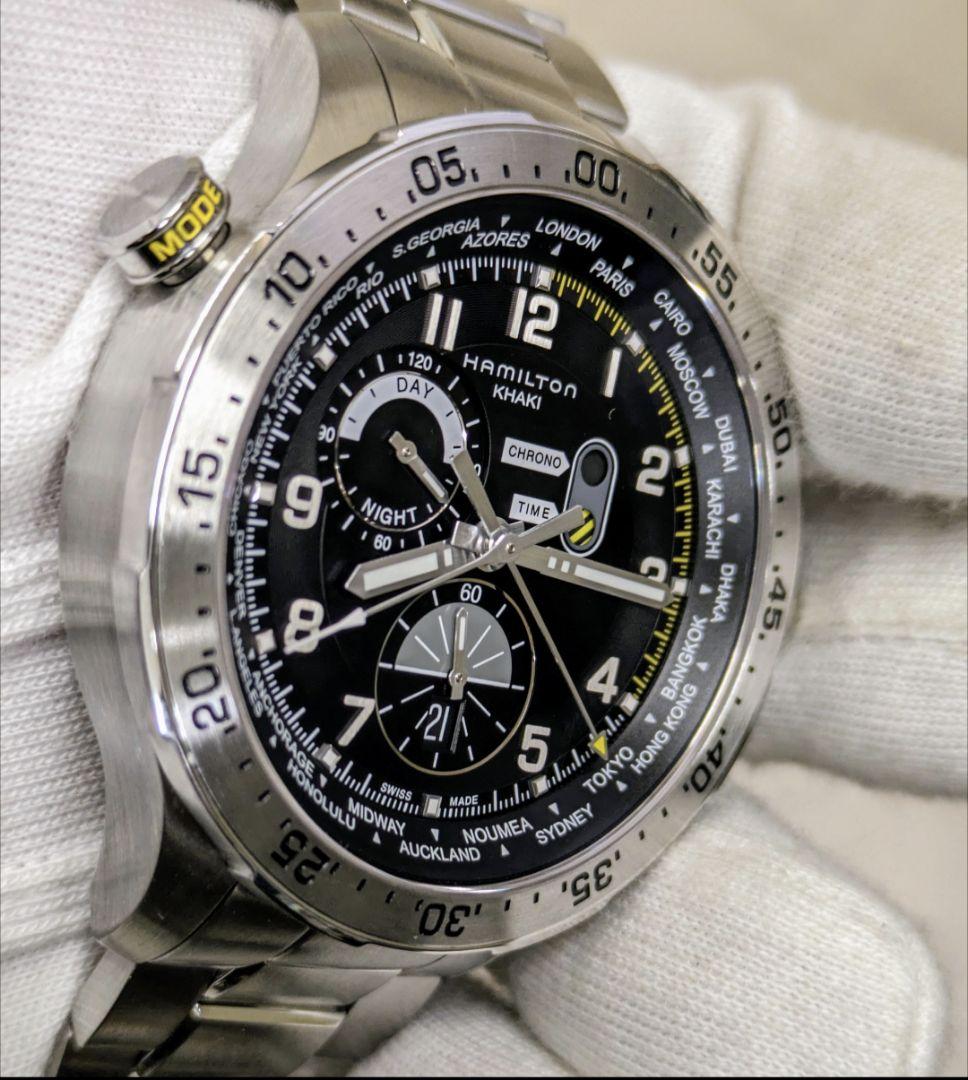 美品　ハミルトン H767140 カーキ アビエーション ワールドタイマークロノ