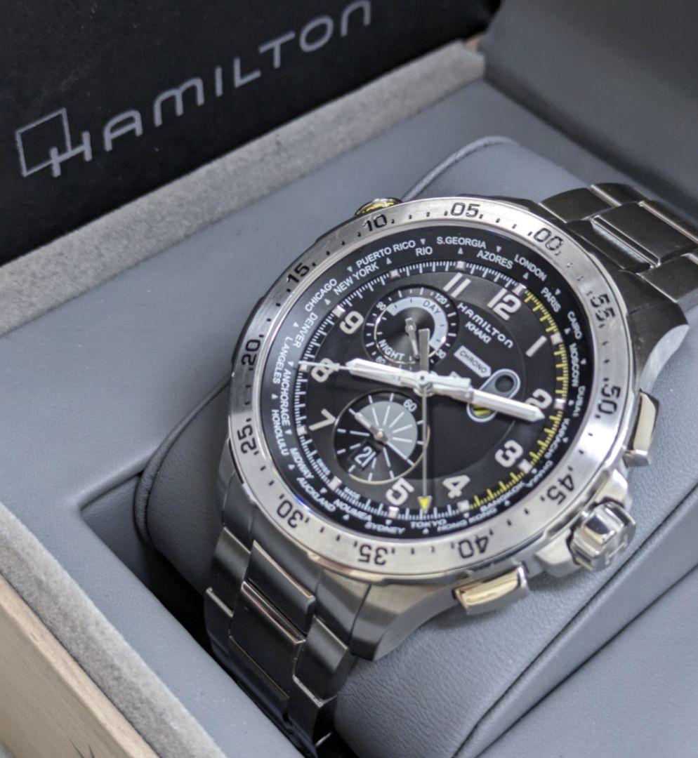 美品　ハミルトン H767140 カーキ アビエーション ワールドタイマークロノ
