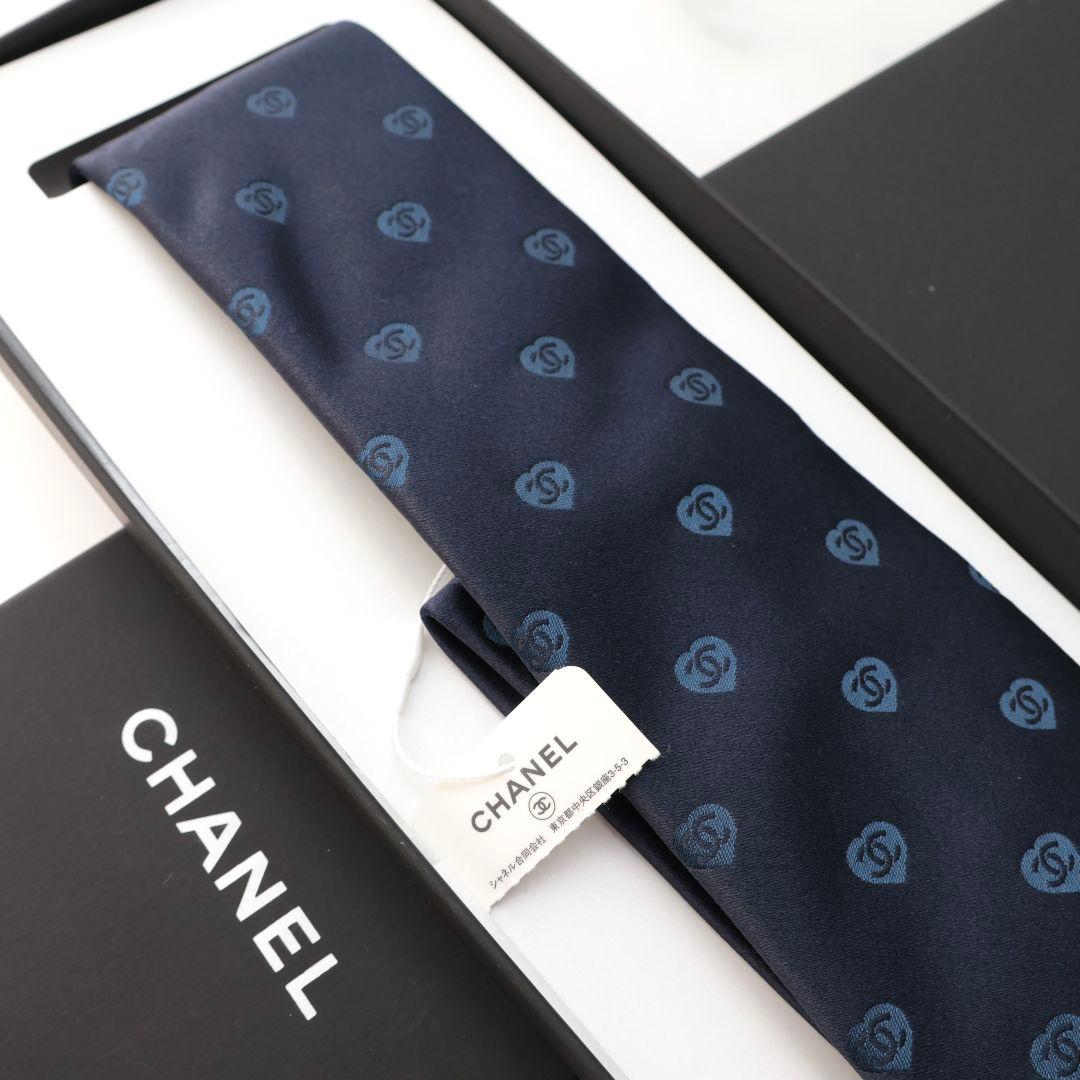 未使用 シャネル CHANEL ネイビー ロゴパターン ネクタイ