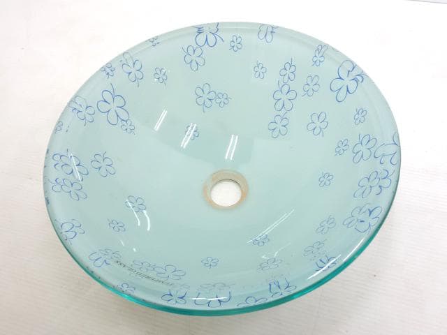 展示品 強化ガラス製 手洗い ボウル 花柄 φ360×130mm
