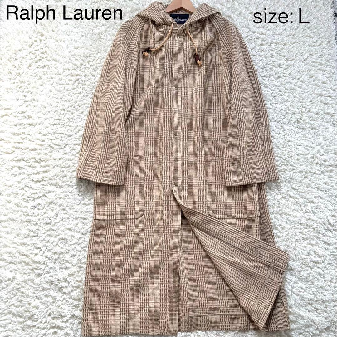 【未使用級】ラルフローレン 千鳥格子柄 ウール ロングコート フード ブラウン