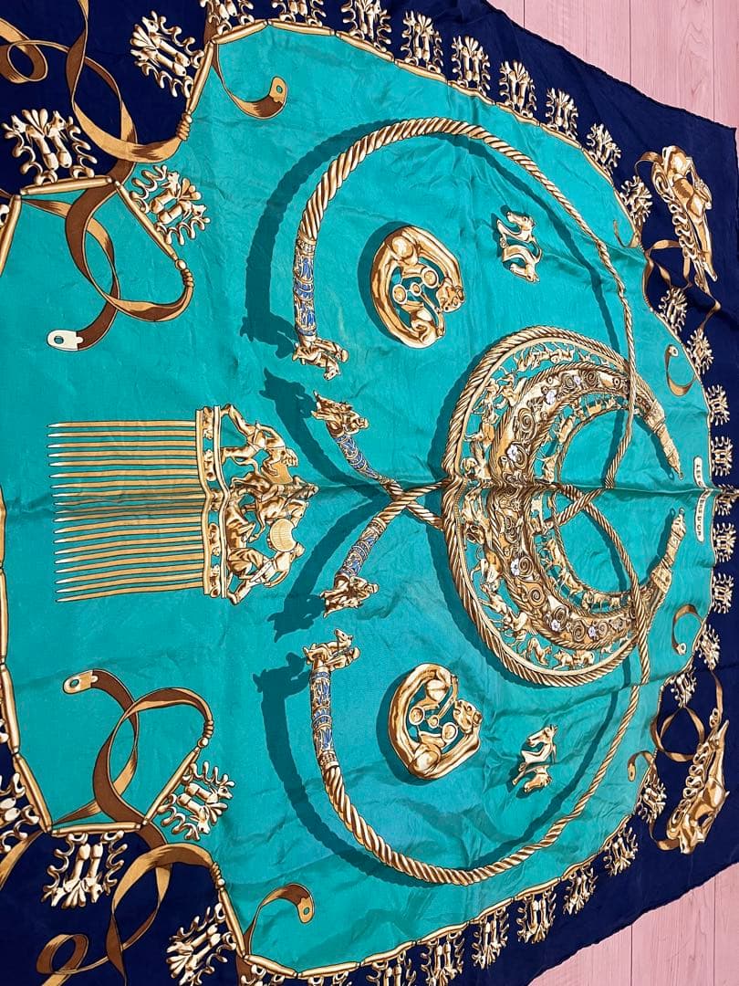 エメラルドグリーン ネイビー スカーフ HERMES