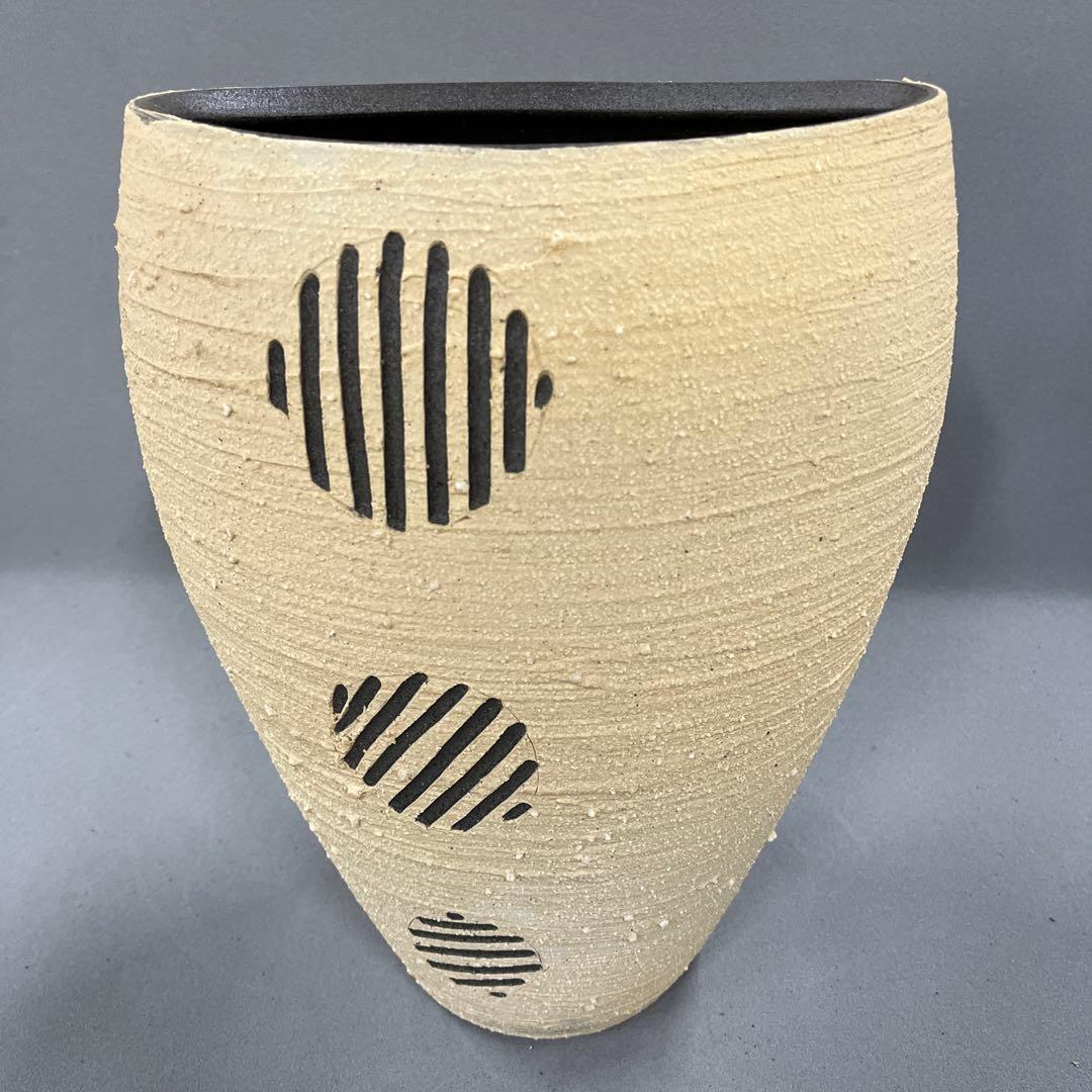 信楽焼 花器 花瓶 花入れ ストライプ扁平 高さ35cm