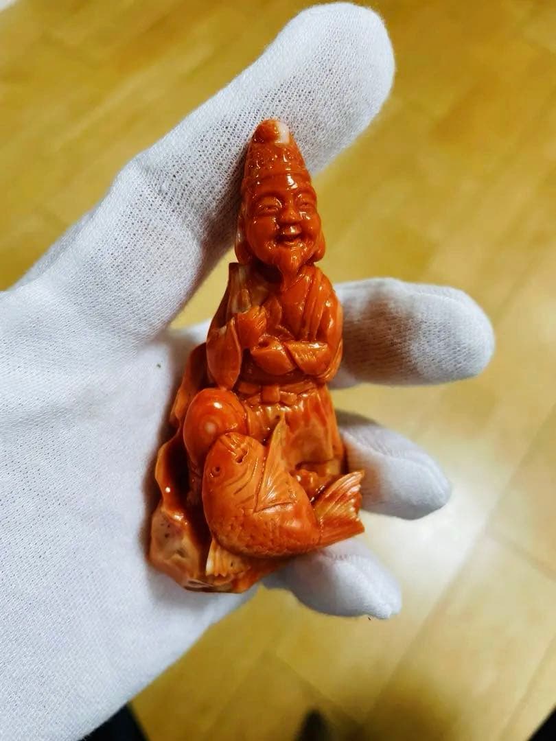 本珊瑚　珊瑚彫刻　置物　赤珊瑚　七福神恵比寿様　宝石珊瑚　重さ100g