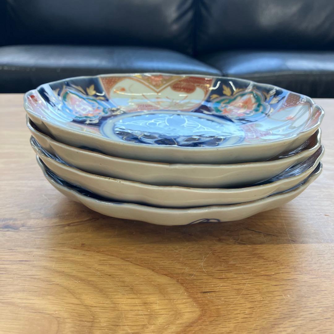 値下げ！明治時代　古伊万里 6寸皿 4枚セット 色絵 中皿 金彩 ベロ藍　蔵出し