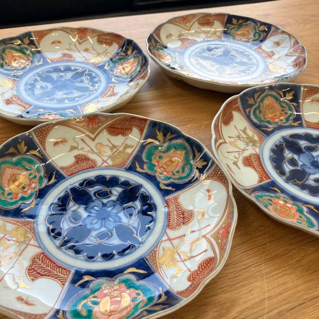 値下げ！明治時代　古伊万里 6寸皿 4枚セット 色絵 中皿 金彩 ベロ藍　蔵出し