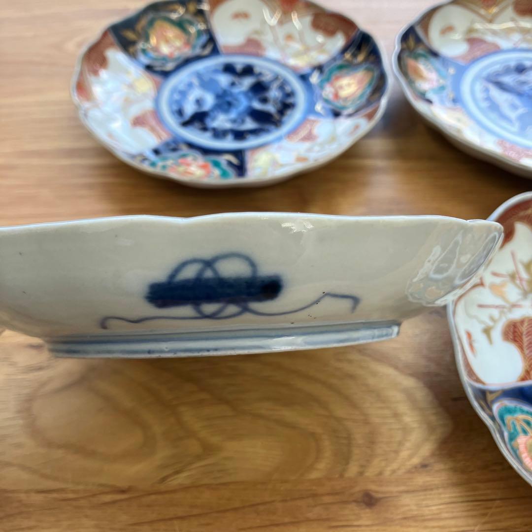 値下げ！明治時代　古伊万里 6寸皿 4枚セット 色絵 中皿 金彩 ベロ藍　蔵出し