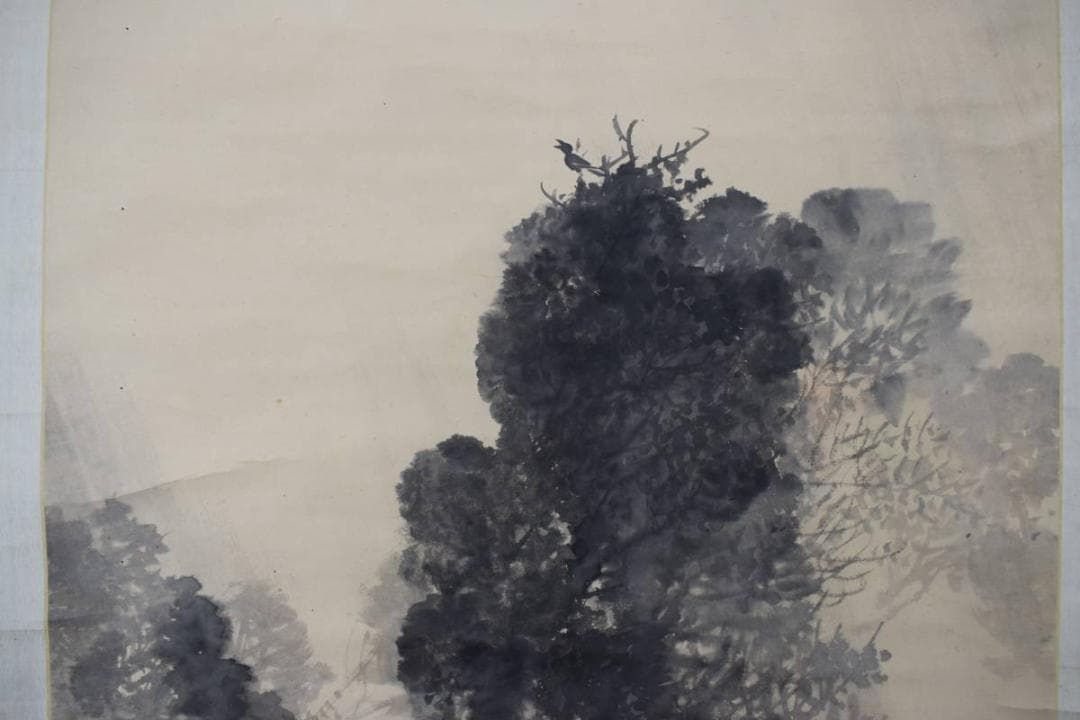 【真作】藤井松山/驟雨茂林鳴鴉図/雨中茂林鳴烏図/掛軸☆宝船☆Y-868　JM