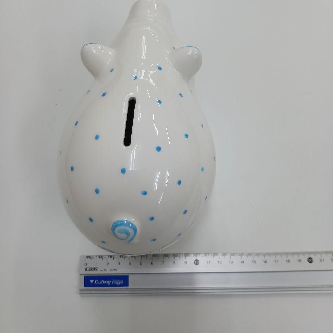 ティファニー美品ピギーバンク陶器製豚貯金箱 白と水色の水玉模様