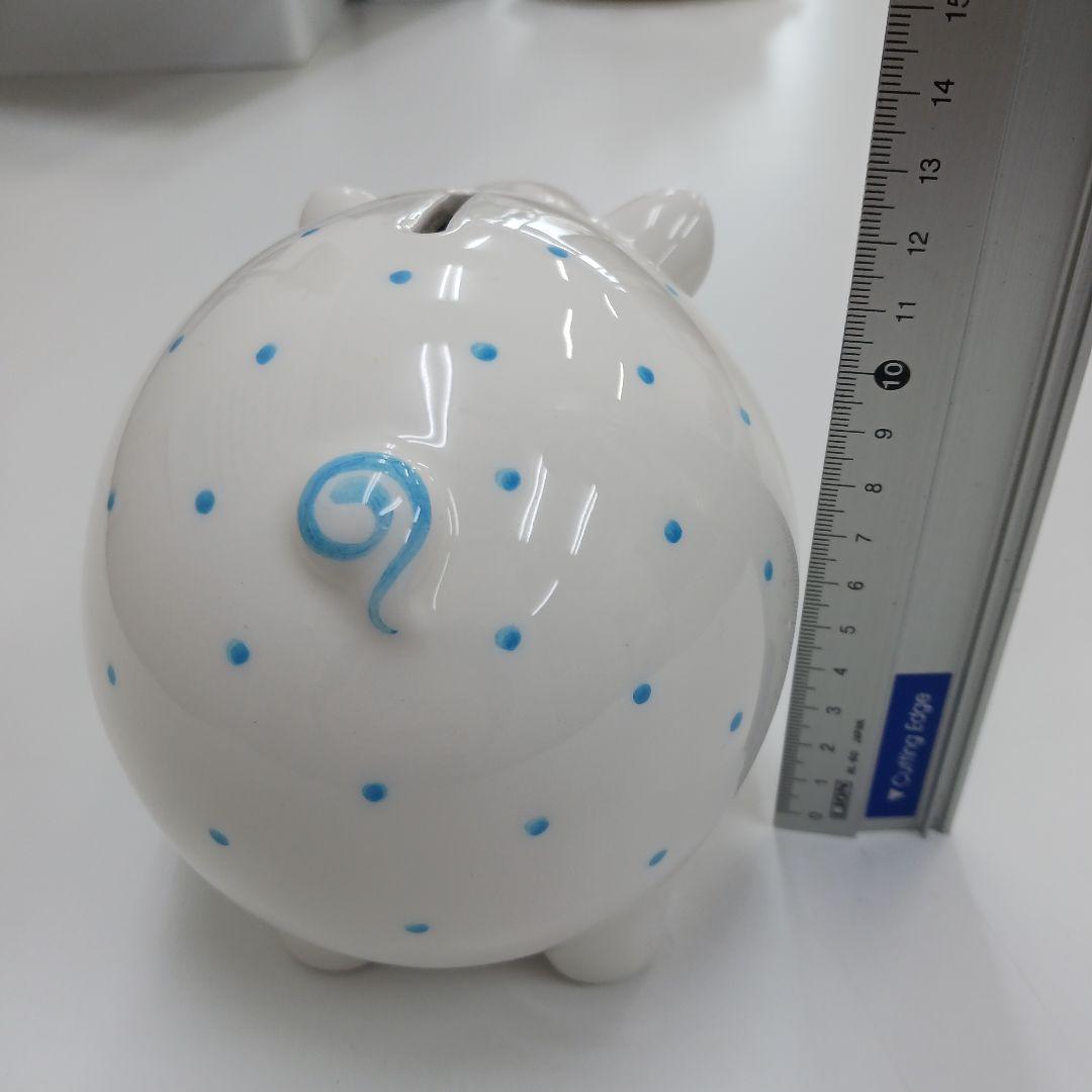 ティファニー美品ピギーバンク陶器製豚貯金箱 白と水色の水玉模様