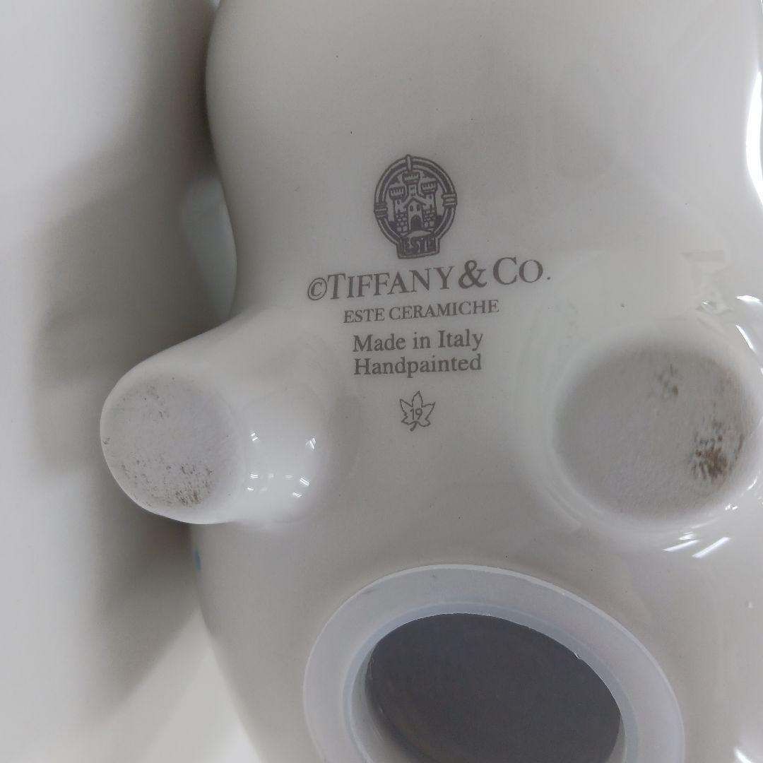 ティファニー美品ピギーバンク陶器製豚貯金箱 白と水色の水玉模様