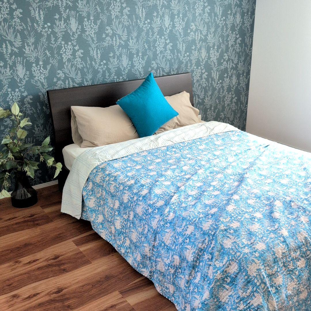 【L】花柄 ハンドブロックプリント カンタキルト ソファカバー ブルー 760