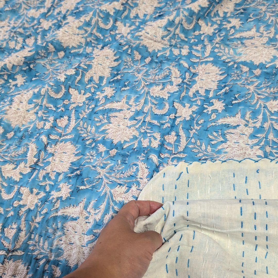 【L】花柄 ハンドブロックプリント カンタキルト ソファカバー ブルー 760