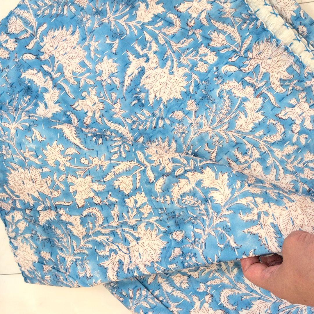 【L】花柄 ハンドブロックプリント カンタキルト ソファカバー ブルー 760