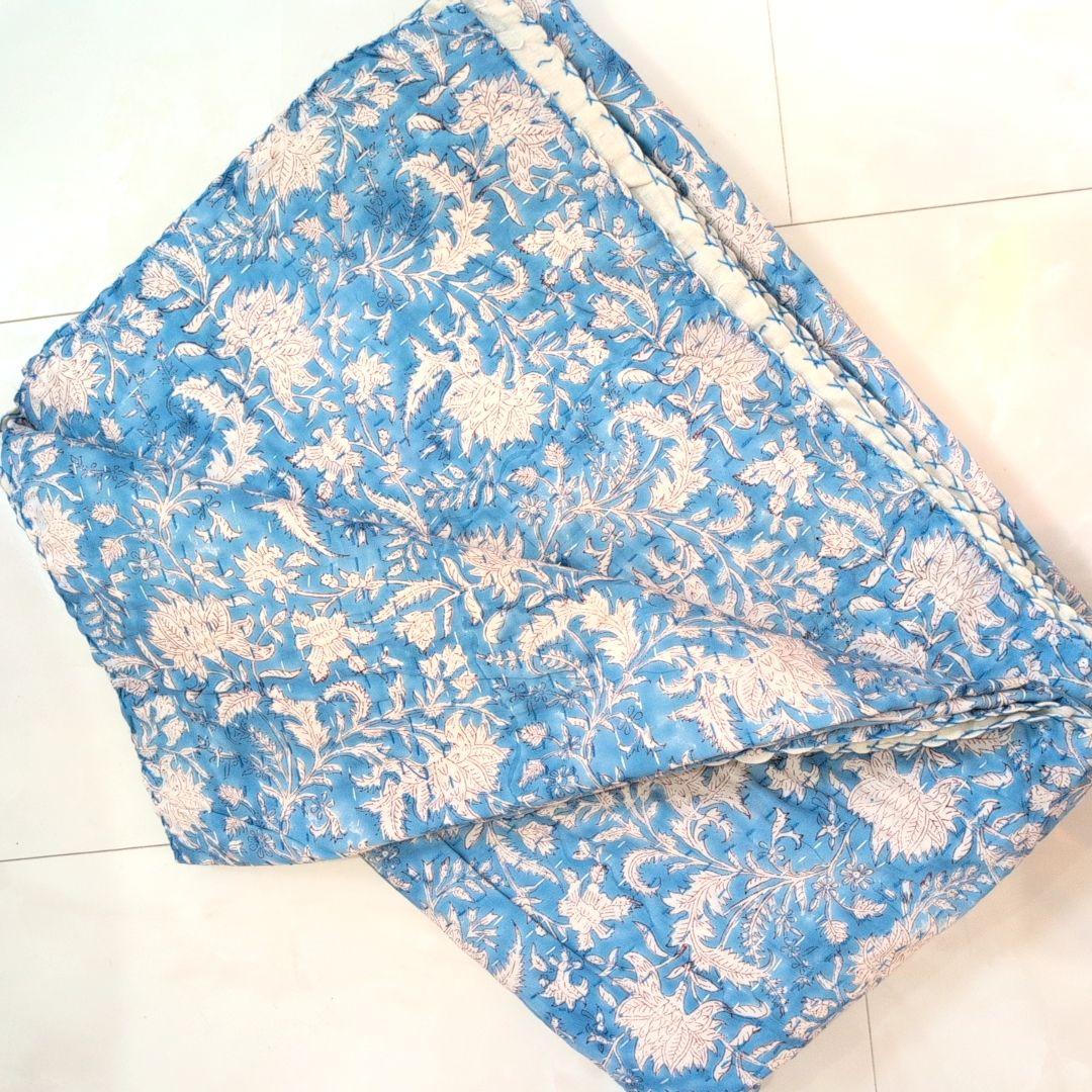 【L】花柄 ハンドブロックプリント カンタキルト ソファカバー ブルー 760